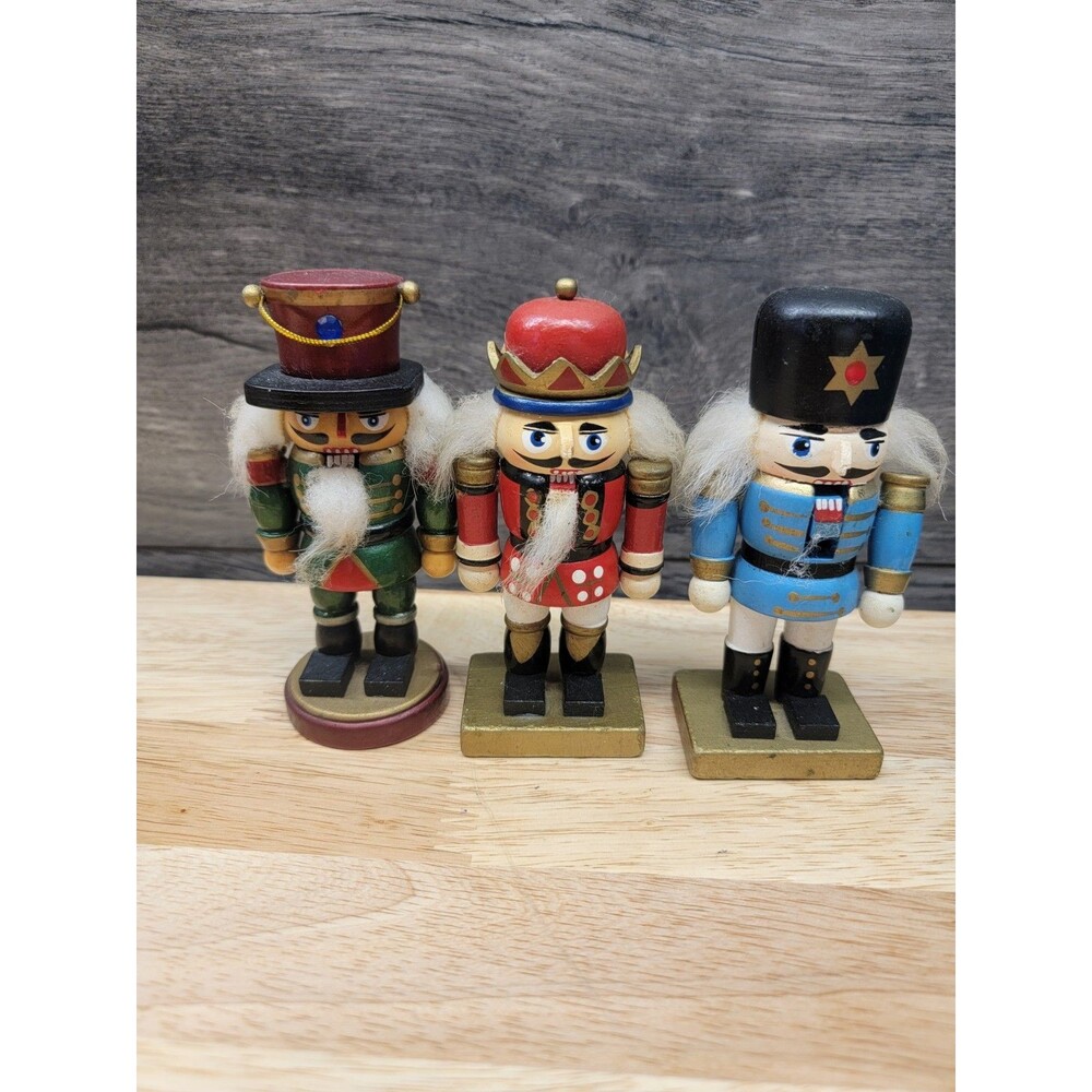 Set of three 4" Short and Stout Wooden Nutcracker Christmas Decorations